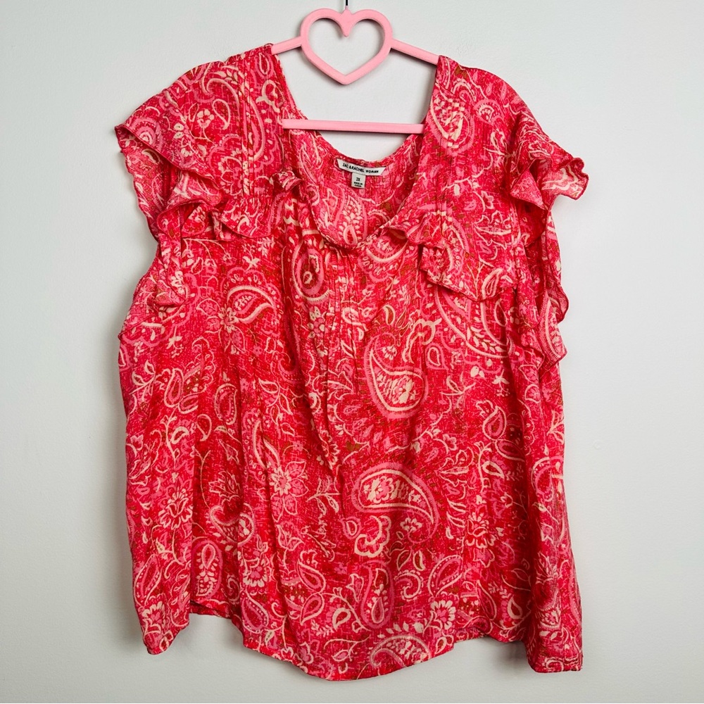 Zac & Rachel Batik Print Sleeveless Ruffled in Pink/orange Blouse Size 2X